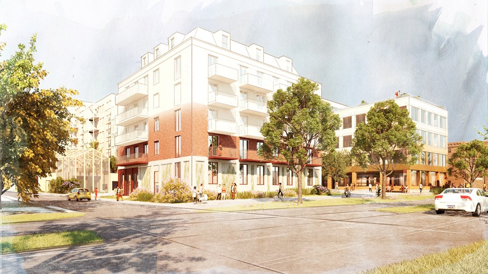En gatukorsning och en parkeringsplats. Flerfärgade bostadshus i fem våningar. Människor i rörelse, Illustration.