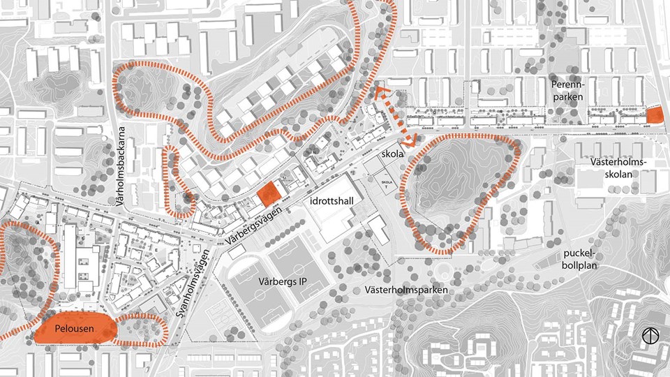 Karta som visar planområdet. Park och natur är utmarkerade med orange färg. Här ses också Vårbergs idrottsplats, Västerholmsparken, Västerholmsskolan med mera. Illustration