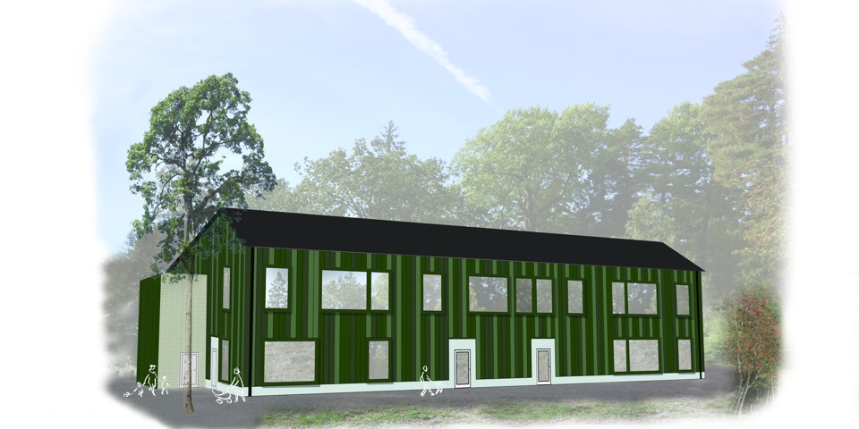 Grön byggnad med omgivande natur, illustration.