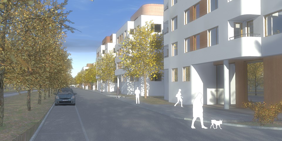 Lägenhetshus med balkonger, bilväg och grönområdens med massa träd. Visionsbild.