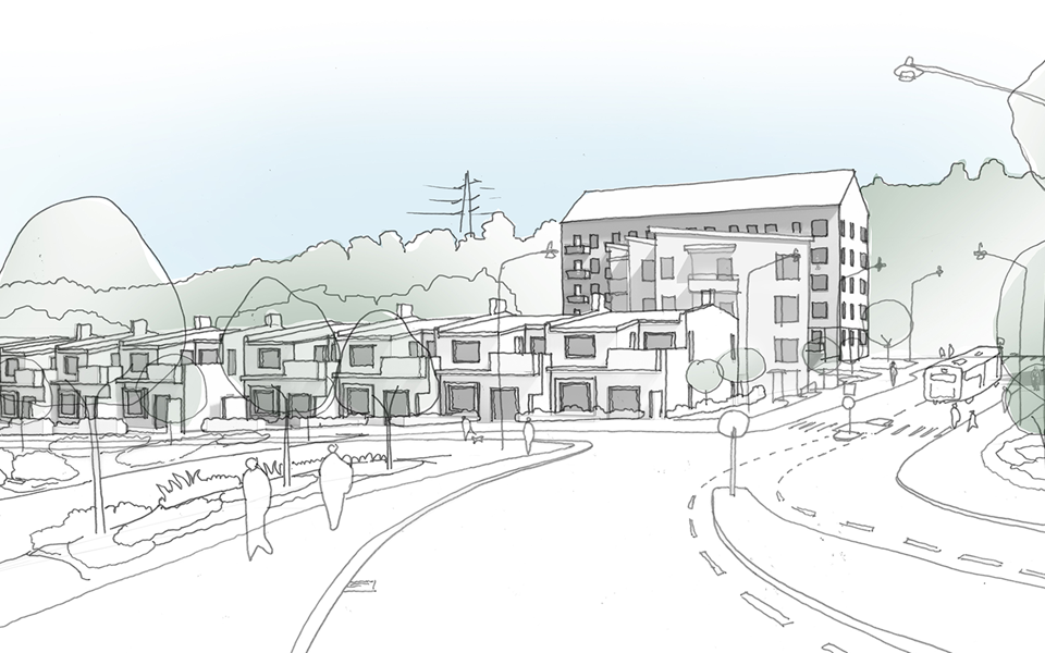 Visionsbild av föreslagen bebyggelse för stadsutveckling projekt Teodoliten 1.m.fl.