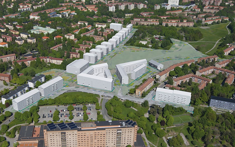 Flygbild som visar bebyggelseförslaget på Nytorps gärde från väst. Nya byggnader visas i vitt, Illustration