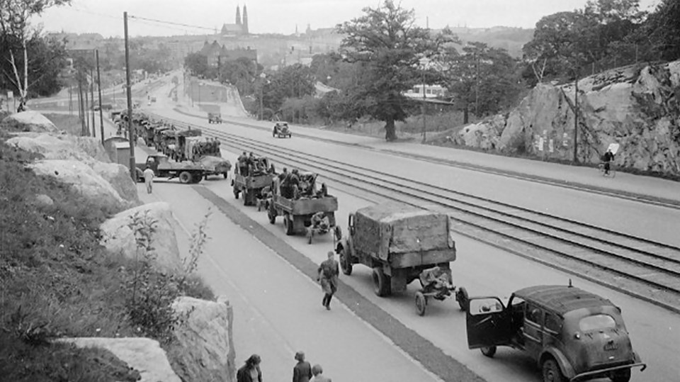 Bild från 1946 på Liljeholmsvägen norrut mot Södermalm.