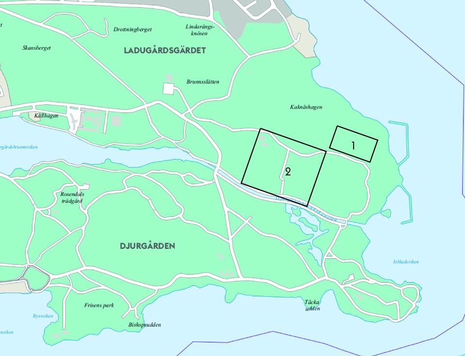 En karta över området där projektets delområde 1 och 2 är markerade.