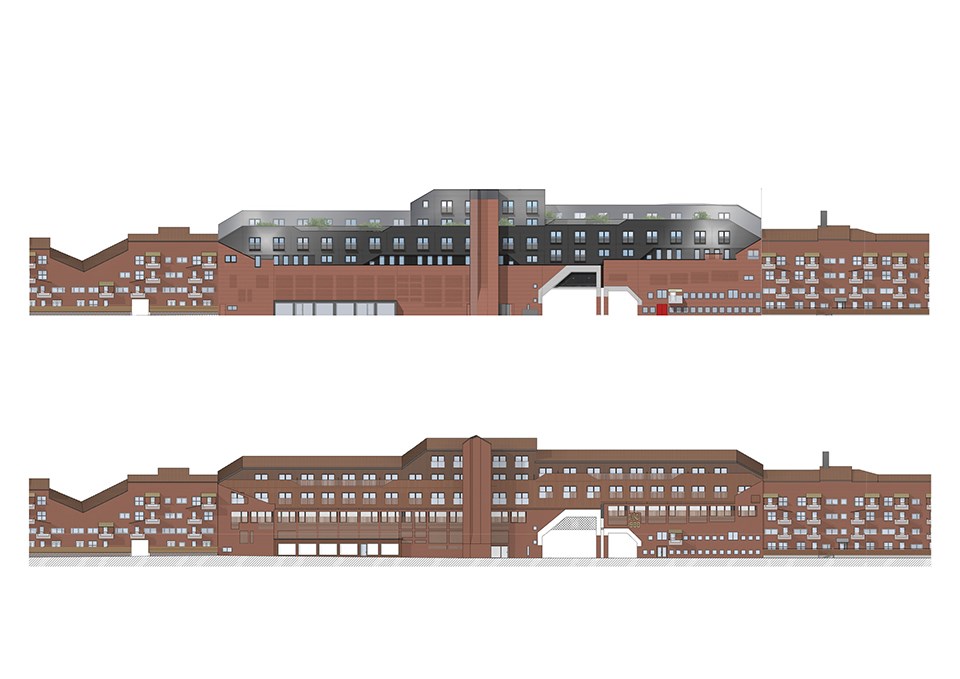 Två illustrationer som visar fasaden till ett stort fyrvåningshus i två olika utföranden.