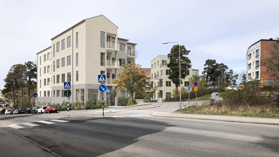Flerbostadshus med ljus fasad sett från Sköntorpsvägen. Träd, bilar, grönytor och andra bostadshus i omgivningen. Illustration