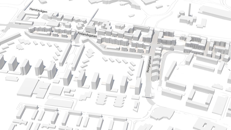 3D-modell av bostäder vid Finlandsgatan i Akalla, Saima.