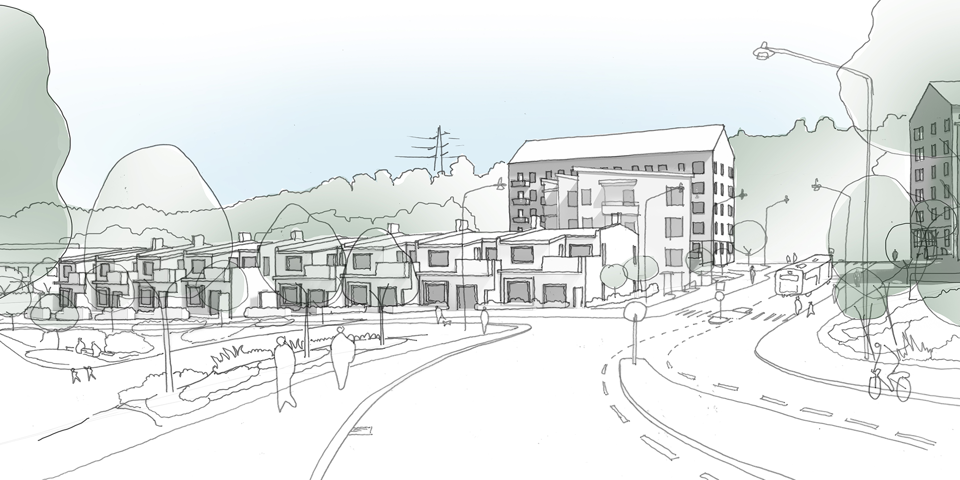 Visionsbild av föreslagen bebyggelse för stadsutveckling projekt Teodoliten 1.m.fl.