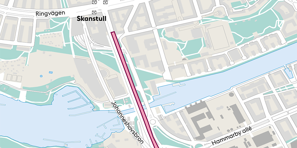 Projektområde för Skanstullsbron markerat i rosa, karta. 