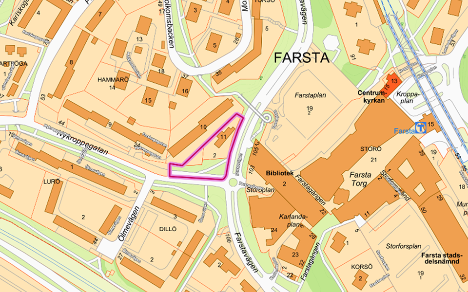 Karta över centrala Farsta med planområdet inritat, illustration. 