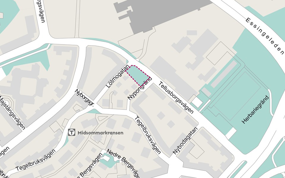 Karta över Midsommarkransen. Ett område vid Tellusborgsvägen, där bostadshus planeras, är rödmarkerat.